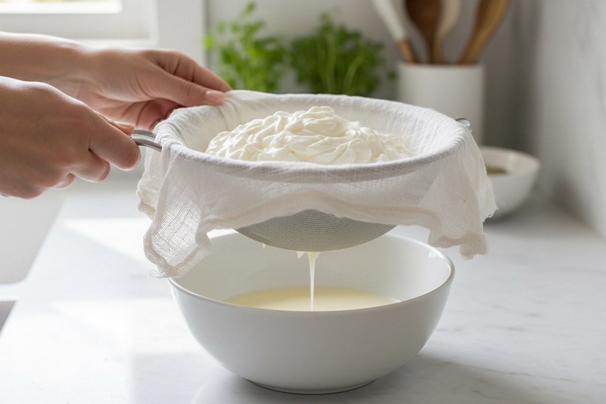 persona filtrando yogurt griego